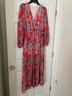 Floral V-Neck Long Sleeve Maxi Dress - Coral & Pink